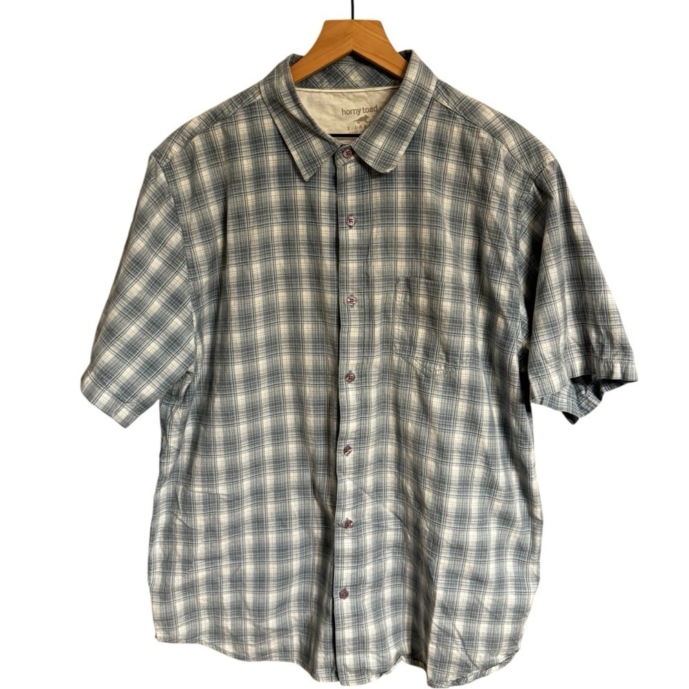 Horny Toad Men’s Steel Blue Short Sleeve Organic Cotton Button Plaid Shirt Sz XL